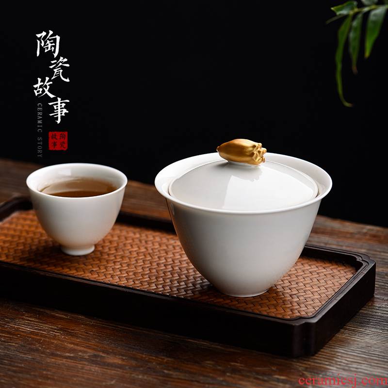 Jingdezhen ceramic story covered bowl bowl tea cups set a single white porcelain suet jade ceramic three tureen