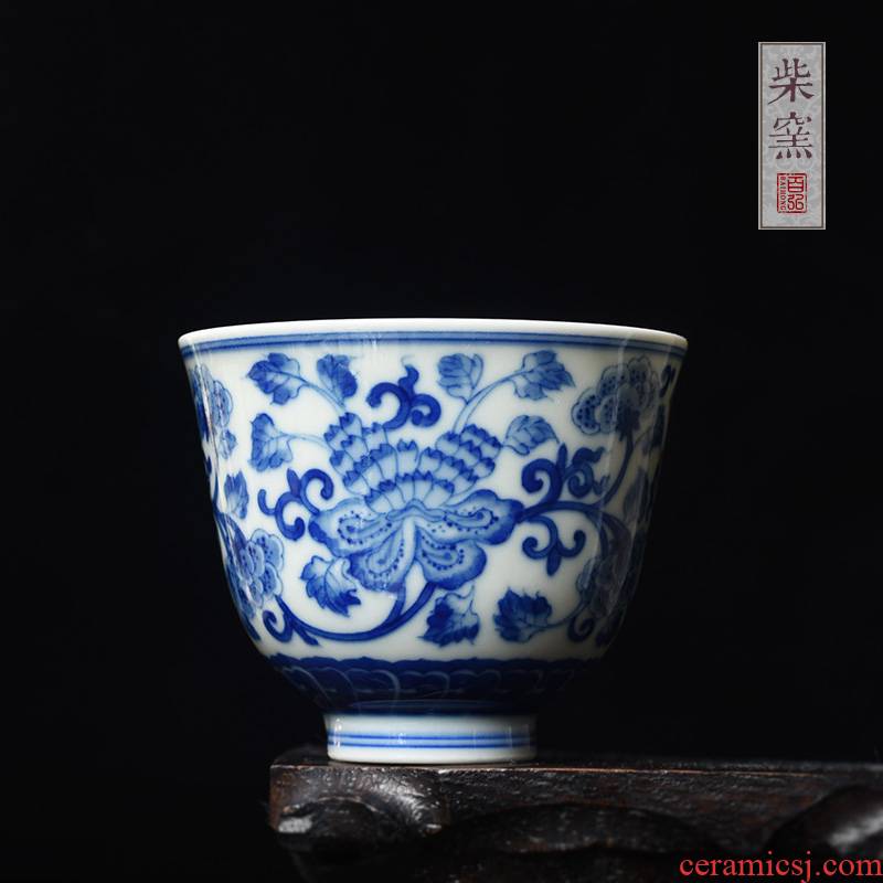Jingdezhen blue and white peony around hundred hong maintain branch fragrance - smelling cup sample tea cup teacups hand - made firewood master cup single CPU