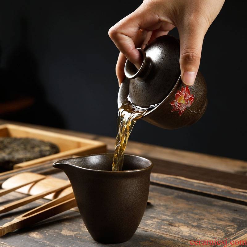 Qiao mu kung fu tea set coarse pottery tureen to use large tea ware ceramic cups accommodate three bowl of tea taking