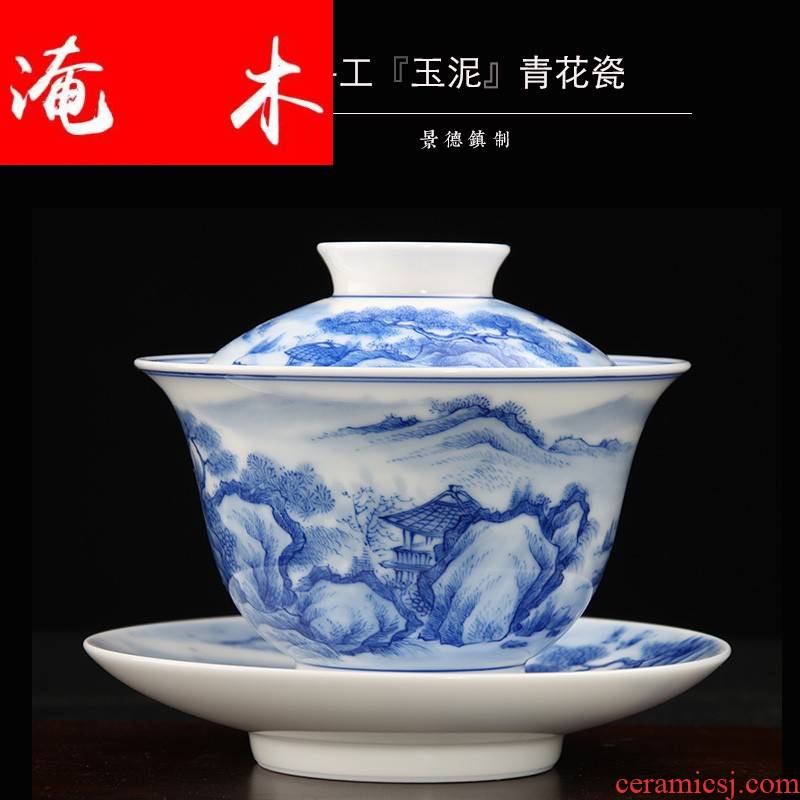 Flooded the wooden hand covered bowl of blue and white porcelain of jingdezhen ceramic tea set hand - made scenery make tea bowl jade soil large cups