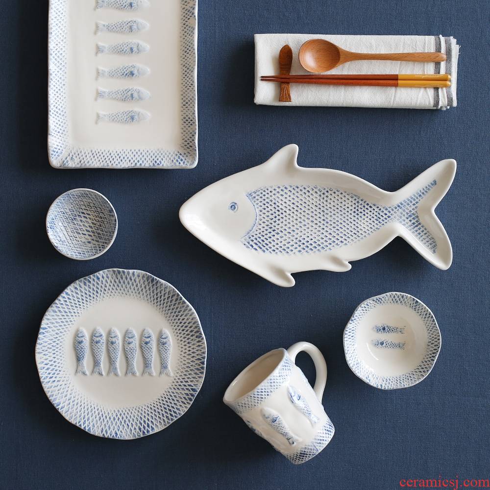 Qiao mu CDW carve pale blue Japanese anaglyph ceramic tableware dish dish fish dish fish small bowl mugs PZ - 15