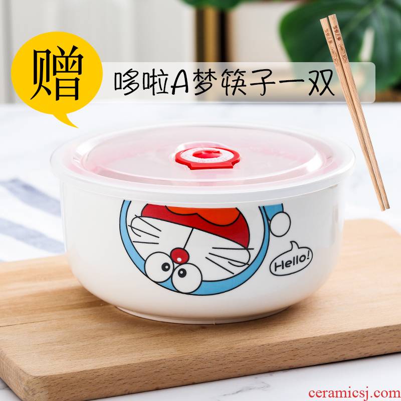 Small lovely lunch box single bowl noodles dedicated microwave circular suit ceramic bowl with cover with heating chopsticks