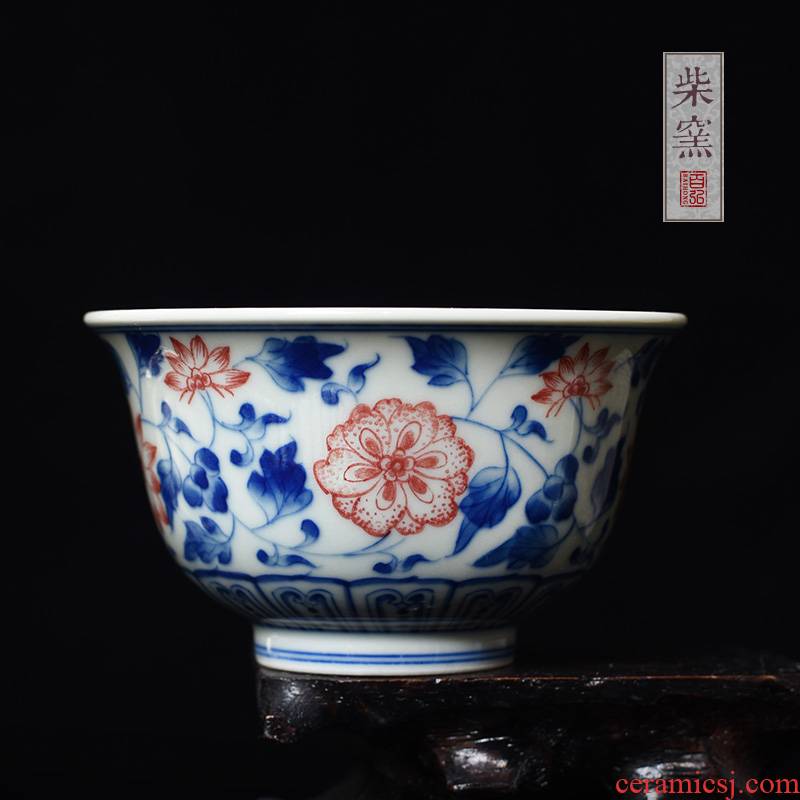 Yihong maintain the blue and red color master cup single CPU jingdezhen teacups hand - made hibiscus branches sample tea cup