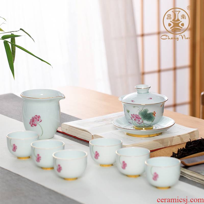 Chang, south jade porcelain ceramic hand - made paint lotus rhyme eight woolly tureen tea tea tea set jingdezhen ceramics