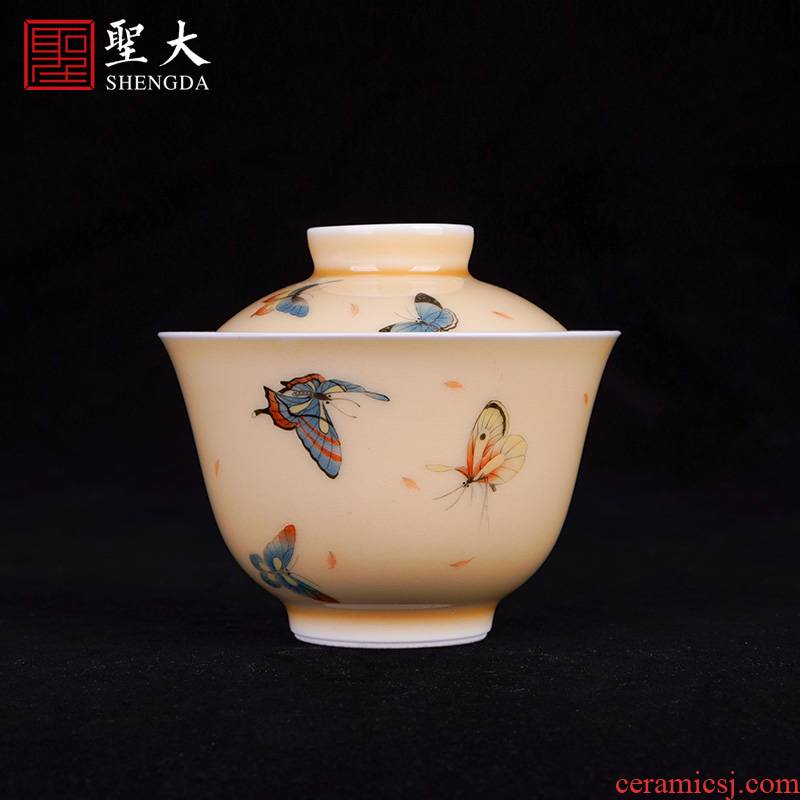 Santa tureen hand - made ceramic dry mercifully jiao yellow glaze new CaiHuDie lines without tureen jingdezhen tea tea bowl