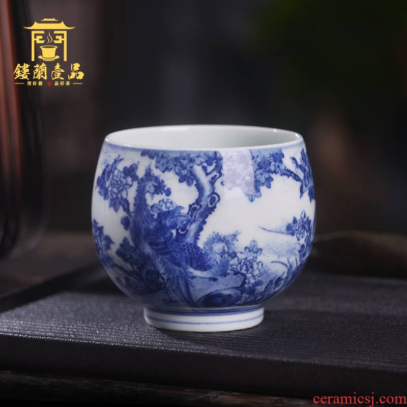 Art home benevolence blue birds pay homage to the king, the master cup of jingdezhen ceramic hand - made single CPU kung fu tea set personal tea cup