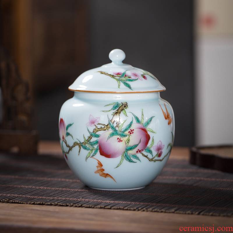 The Owl up jingdezhen checking ceramic POTS peach blue glaze caddy fixings small round antique porcelain cover pot