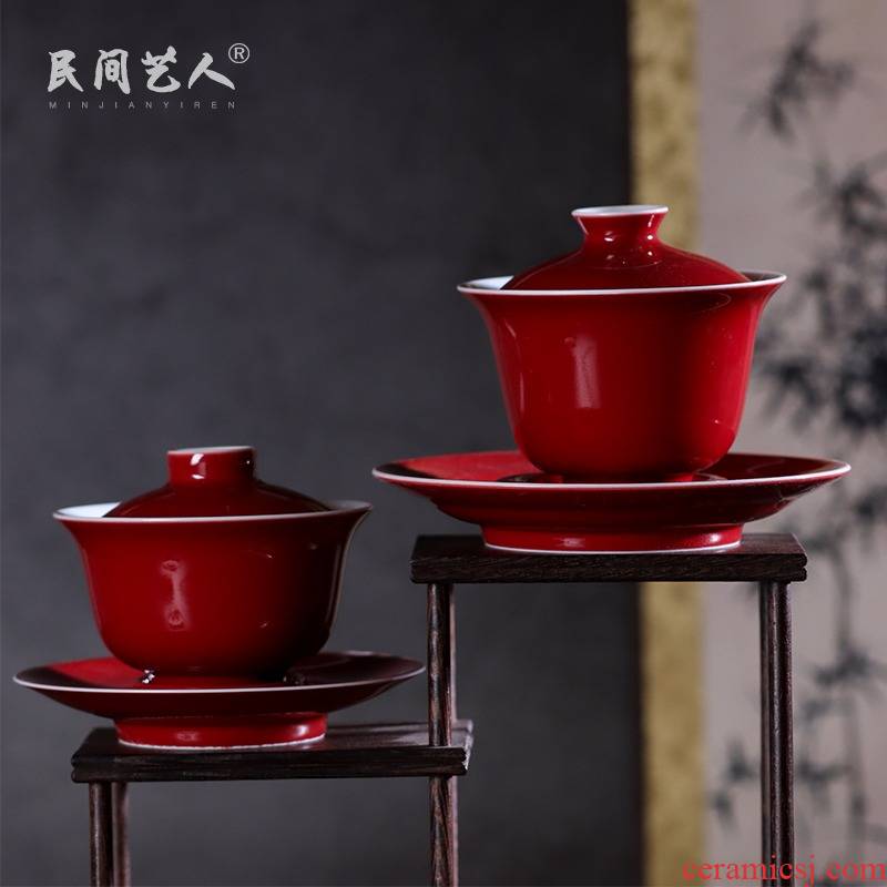 Ji red tureen jingdezhen ceramic manual only three CPU is not kung fu tea set large tea finger bowl