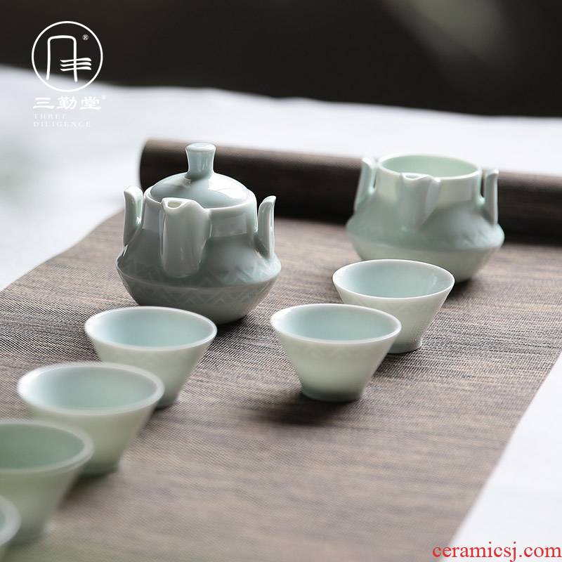 Three frequently hall jingdezhen kung fu tea sets tea service of a complete set of jingdezhen ceramic carved retro 8 head hand grasp pot
