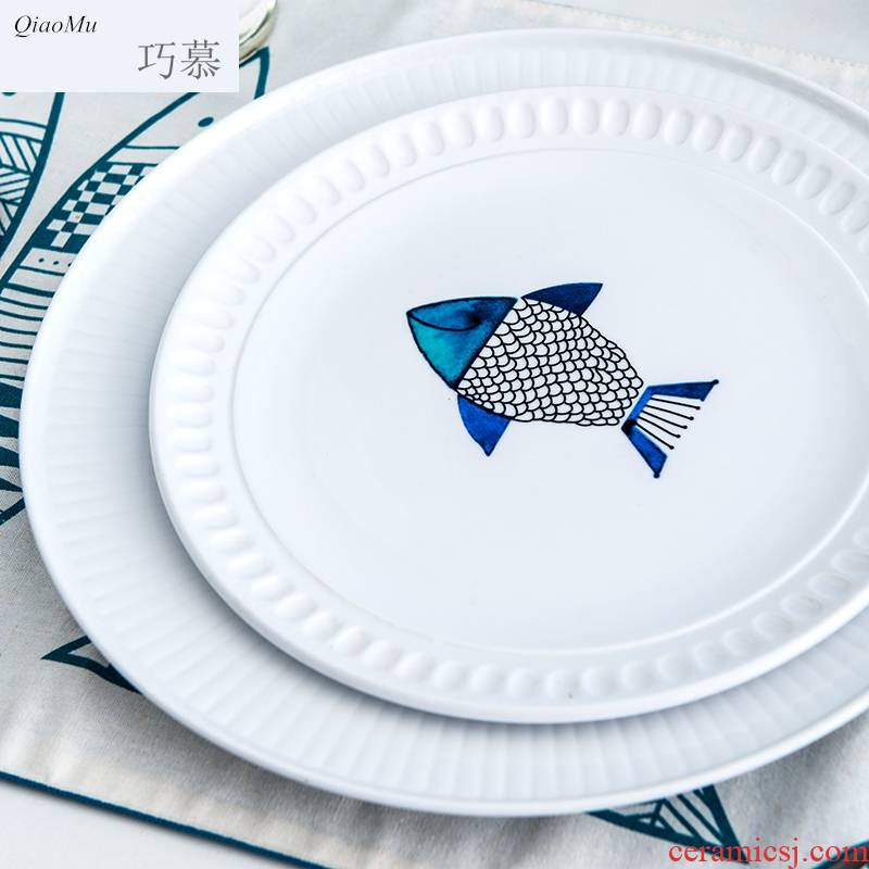 Qiam qiao mu thread to restore ancient ways round soup plate tableware ceramic plates creative little pure and fresh and western - style food dish blue fish