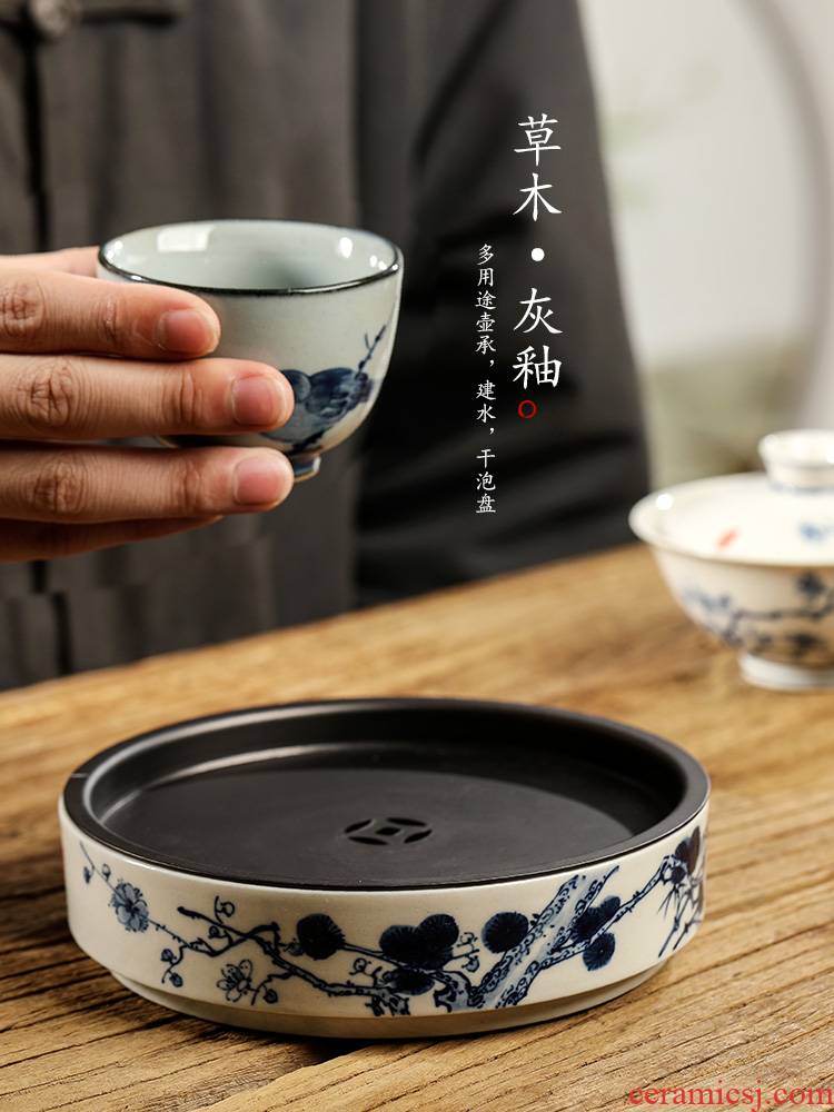 Jingdezhen pure manual plant ash glaze POTS on dry ground blue and white name plum mercifully machine hand - made ceramic water kunfu tea