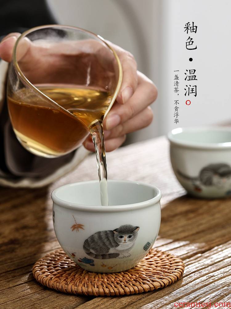 Jingdezhen tea master kung fu tea cup single cup of pure manual hand - made the cat ceramic bowl sample tea cup only