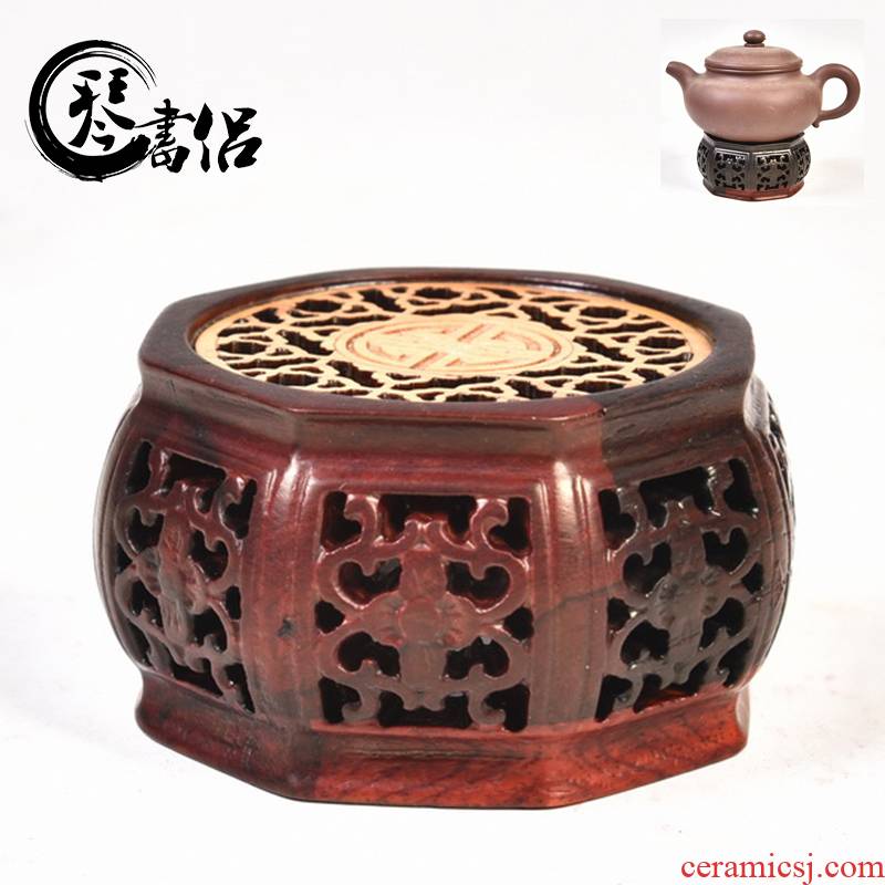 Pianology picking red acid branch set by huang hollow - out octagon incense buner base solid wood, heightening annatto handicraft furnishing articles base