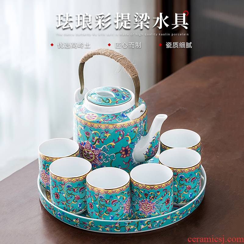 Jingdezhen colored enamel kung fu tea set home a pot of six cups of large pot cup tea tray teapot girder