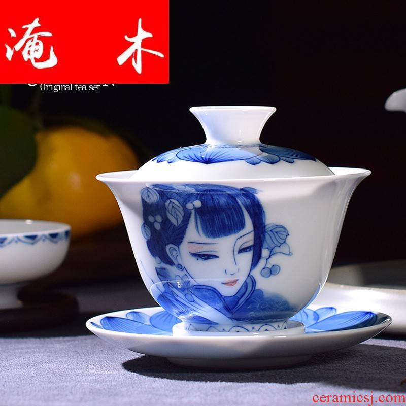 Flooded the wooden hand tureen beauty white porcelain jingdezhen blue and white porcelain pure manual three bowl kung fu tea cups
