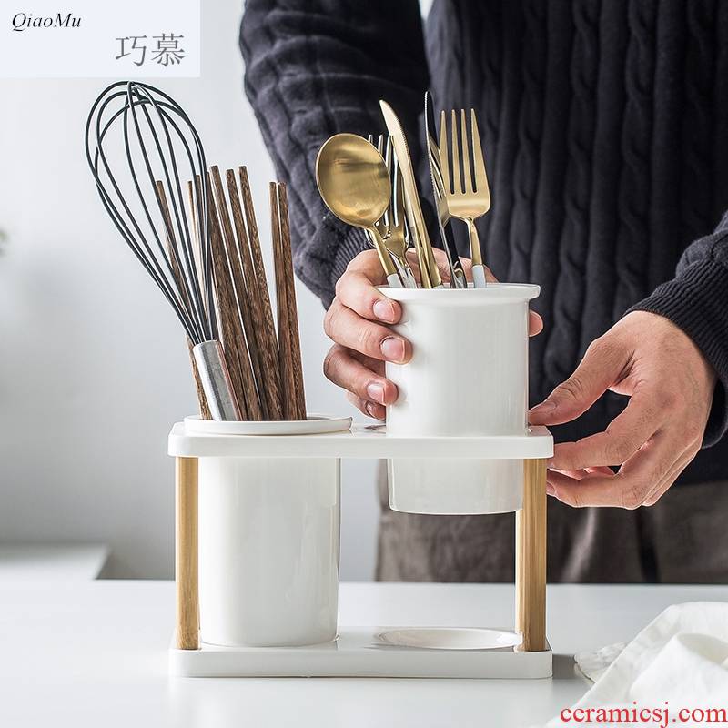 Qiao mu Japanese multi - function receive tube of household ceramics chopsticks chopsticks box binocular kitchen shelf drop chopstick