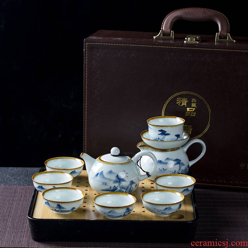 Jingdezhen hand - made of high - end kung fu tea set home sitting room is a small set of blue and white porcelain cup tea tray tea kettle