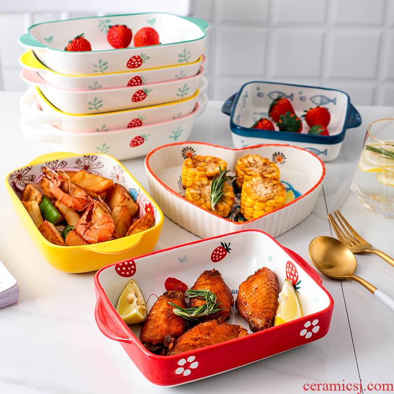 Ears roasting pan ceramic strawberry square pan cheese paella dish oven available disk microwave oven
