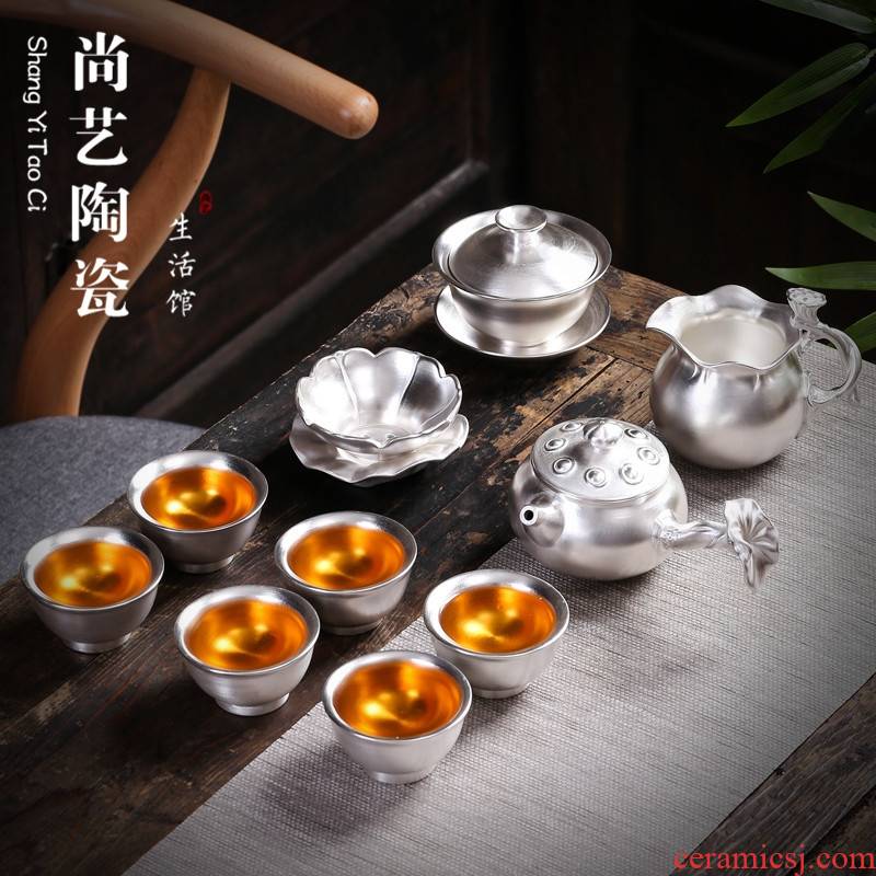 999 sterling silver, silver kung fu tea set coppering. As silver cups of a complete set of household ceramic lid bowl tea gift box