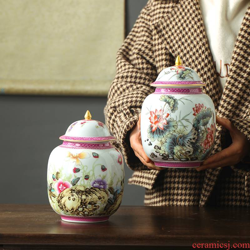 Jingdezhen ceramics powder enamel caddy fixings puer tea pot with cover Chinese famille rose tea storage tank tea