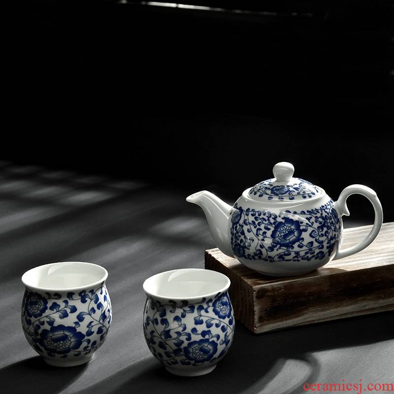 Blue and white porcelain kung fu tea set a ceramic teapot double not hot pot of two simple office make tea with cups