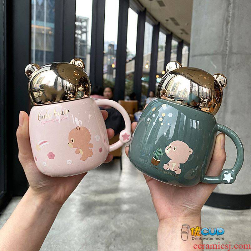 Super of express teddy bear ceramic cup with cover lens mugs girl heart pot - bellied milk coffee cup cup female students