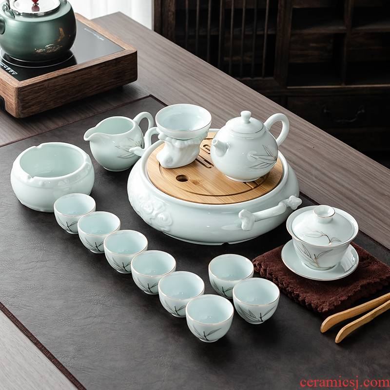 Japanese ceramics kung fu tea set suit household see colour tureen contracted dry tea teapot relief plate of a small set of gift box