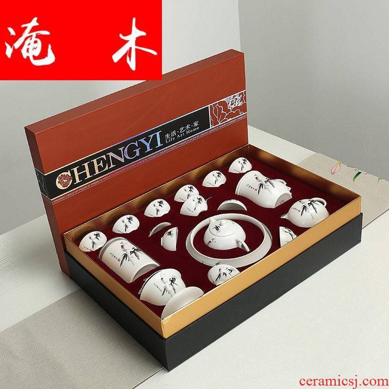 Submerged wood of a complete set of kung fu tea set household hand - made ceramic tureen tea cup teapot blue open box office