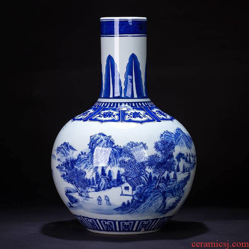 Jingdezhen ceramic landscape of blue and white porcelain vase furnishing articles archaize sitting room of Chinese style household rich ancient frame decoration process