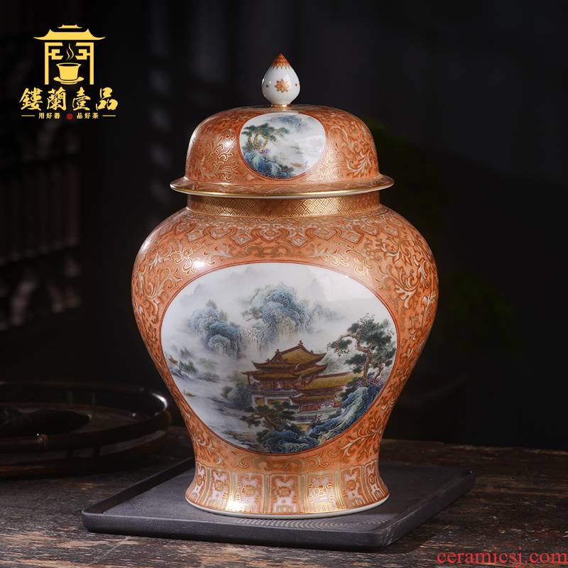 Jane hall alum spill red paint landscape caddy fixings jingdezhen ceramic hand - made seal pot any decoration collection furnishing articles
