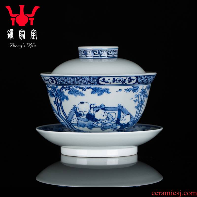 Clock home up tureen jingdezhen high - end three cups to tureen blue and white maintain full manual tong qu tea bowl