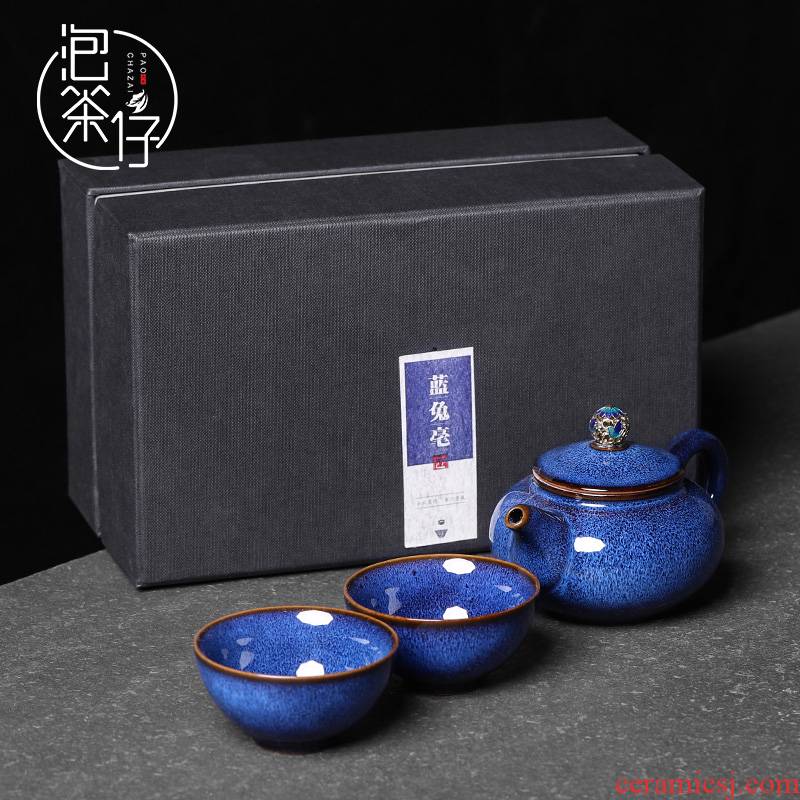 Jun porcelain ceramic teapot teacup a pot of two cups of two kung fu tea sets suit small set of household gift box gift giving