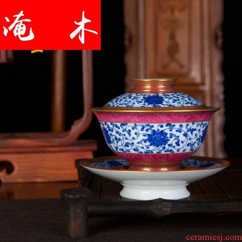 Submerged wood jingdezhen blue and white gold Chinese heavy industry pure hand - made tea set point work pick flowers tureen