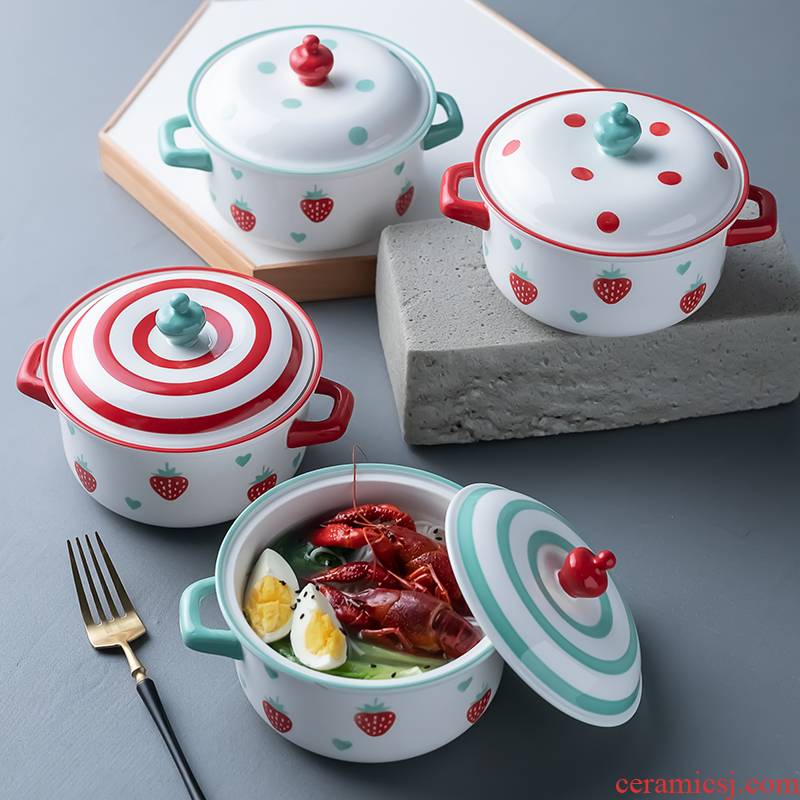Creative strawberry ceramic bowl household rainbow such as bowl with cover ears mercifully soup bowl and fresh fruit salad bowl bowl