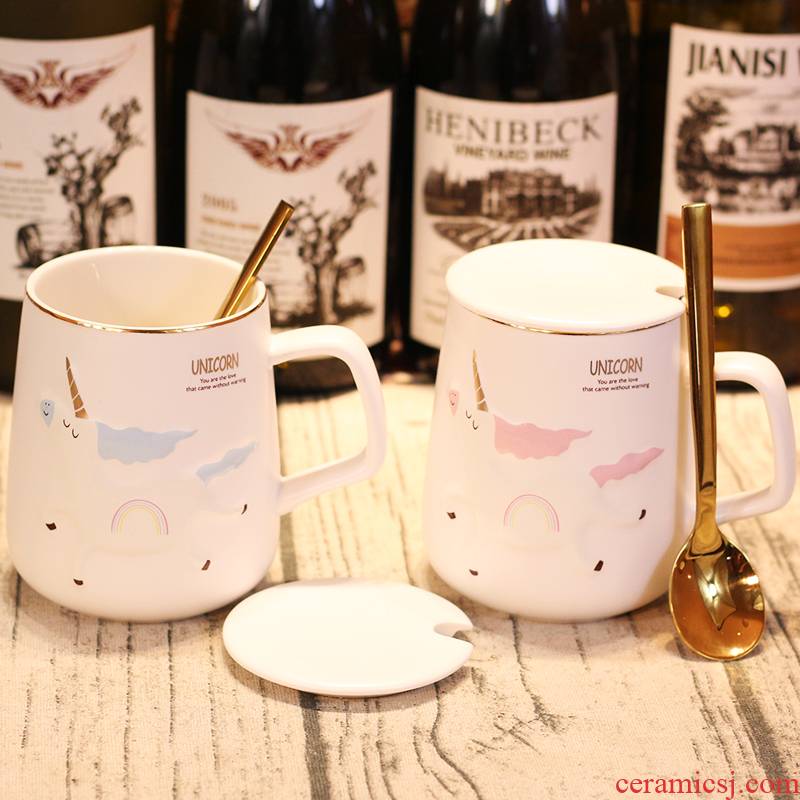 Move the mark cup with cover spoon cartoon creative trend high - capacity express the girl unicorn ceramic cup cup