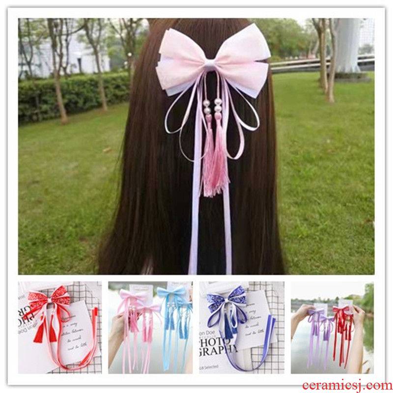 Antique blue and white porcelain of the big bowknot tassel ribbon hair Chinese wind restoring ancient ways hanfu hairpin children adult headdress