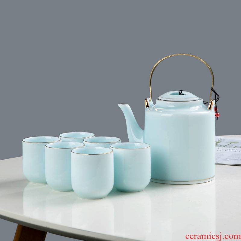 Jingdezhen ceramic tea set suit household contracted sitting room teapot large shadow celadon girder pot of tea set