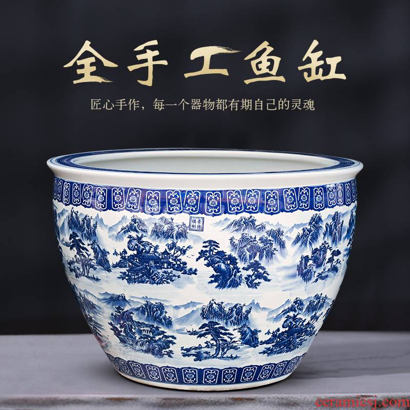 Jingdezhen ceramic blue 1 meter aquarium turtle cylinder goldfish bowl lotus household decorates sitting room small place
