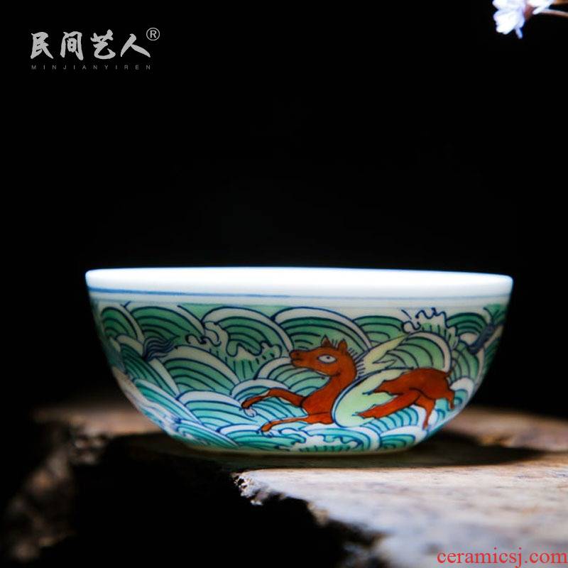 Jingdezhen ceramic hand - made color bucket water lines three beast master figure of single CPU high - grade kunfu tea cups sample tea cup