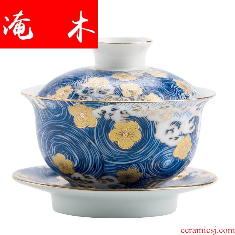Submerged wood 丨 blue - and - white tureen colored enamel cups three tureen ceramic kung fu tea set home to bowl