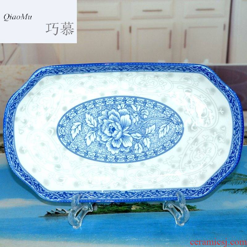 Qiao mu ZHQ jingdezhen blue and white glaze porcelain tableware rectangle color under large fish dish of steamed fish dish dish dish of fish