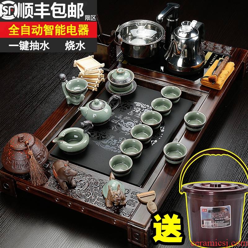 Qiao mu violet arenaceous kung fu tea set home ceramic electric magnetic furnace of a complete set of tea sets tea solid wood tea tray