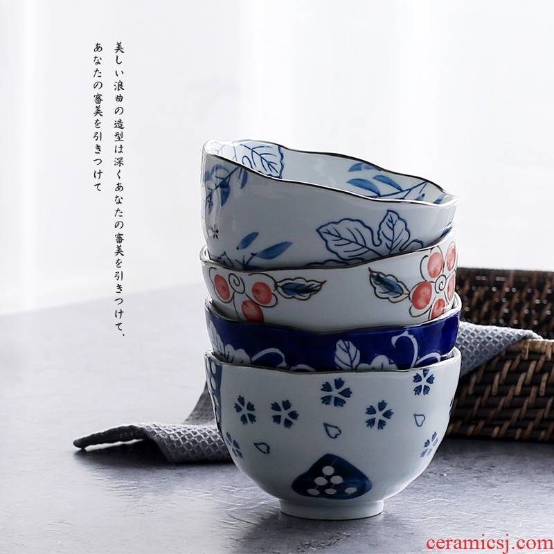 Qiao longed for the ceramic heat insulation deep bowl noodles bowl bowl under the glaze color wave 5 inch expressions using bowl of Japanese household tableware suit