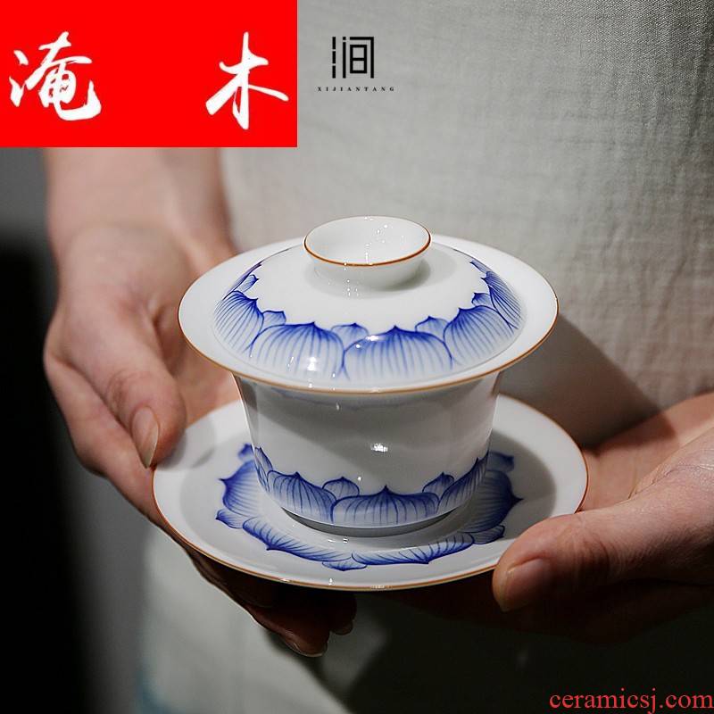 Flooded three mercifully machine tureen tea jingdezhen blue and white hand - made wooden household ceramic cups kungfu prevent hot three pure hand