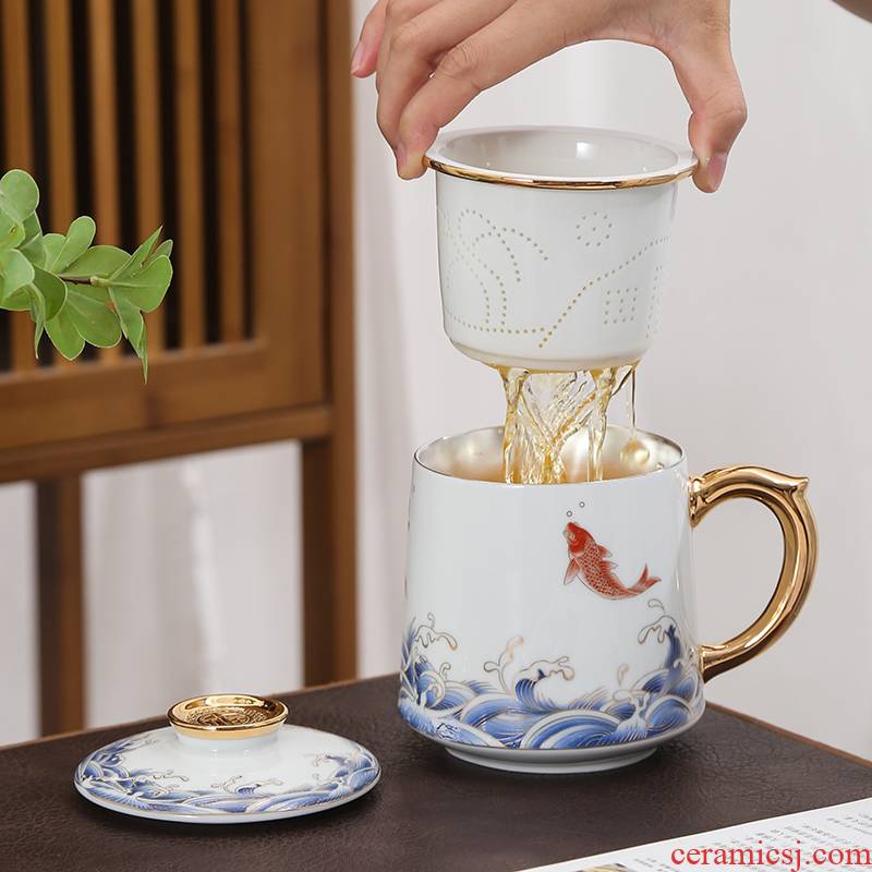 Ceramic tea cup cup with cover mark cup high - grade office of 999 sterling silver cup filtration separation of tea cups