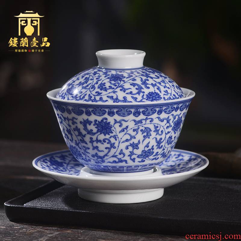Arborist benevolence blue tie up lotus flower only three tureen jingdezhen ceramics all hand - made kung fu tea bowl with cover a single