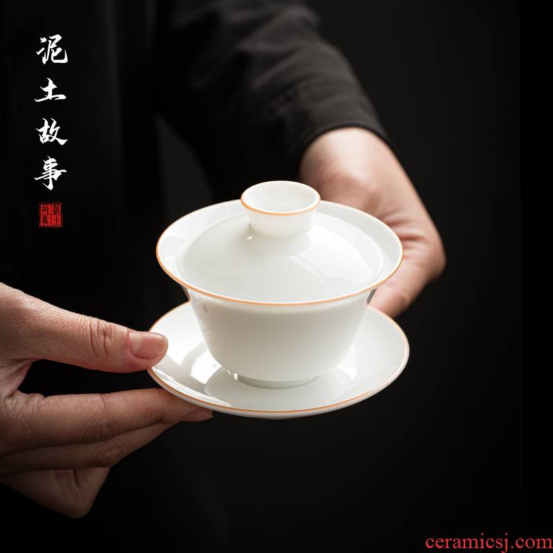 White porcelain tureen single hot suet jade not only three large small tea bowl with cover cups kung fu tea set