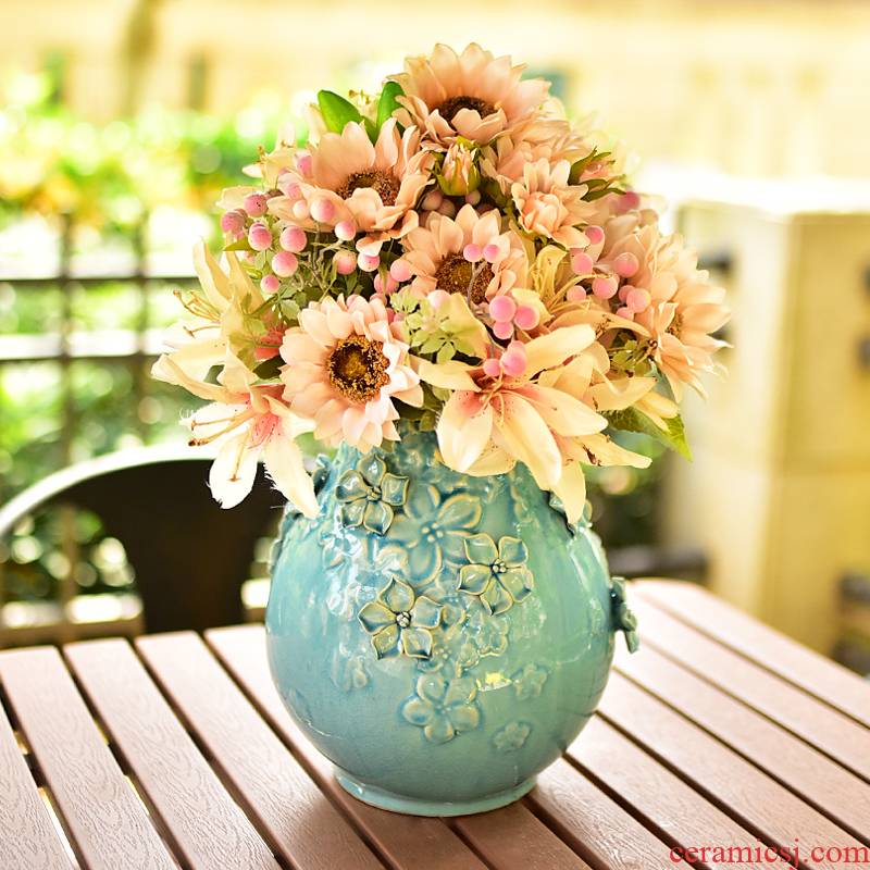 Manual blue vase ceramic living room TV cabinet table decorations furnishing articles Nordic contracted simulation flowers, dried flowers, flower arrangement