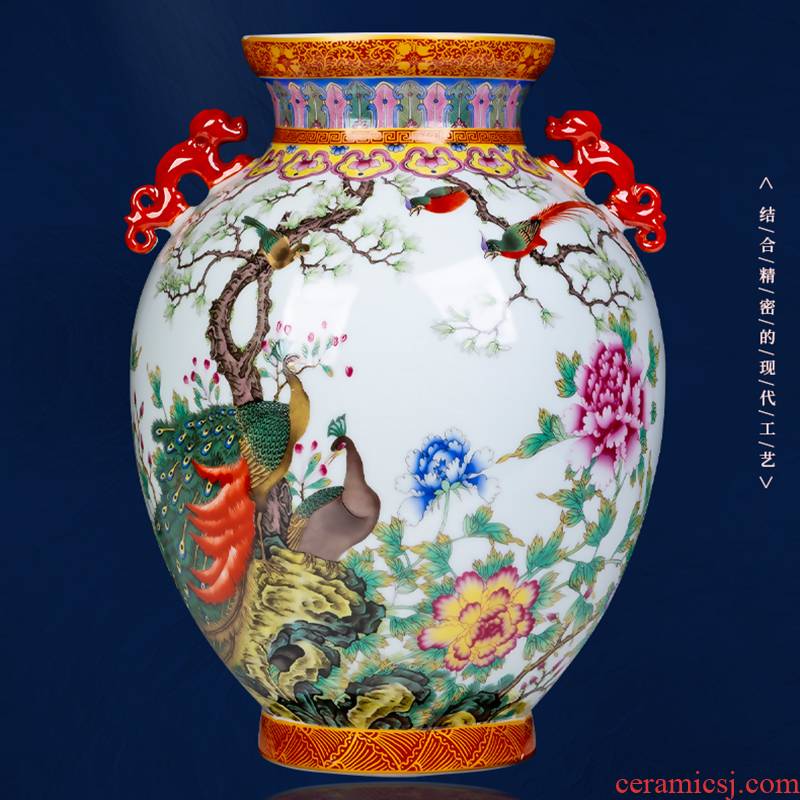 Jingdezhen ceramics vase imitation the qing qianlong ears peacock enamel bottles of Chinese style household porch of decorations