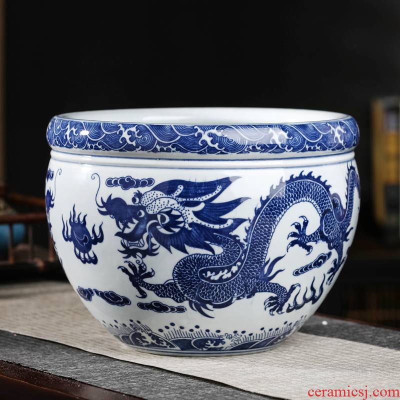 Jingdezhen ceramic blue aquarium large fish basin bowl lotus lotus lotus tortoise cylinder goldfish bowl sitting room